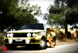 Size: 1132x774 | Tagged: applejack, artist:unitoone, bipedal leaning, car, derpibooru import, gran turismo, gran turismo 5, mitsubishi, mitsubishi starion, safe, solo