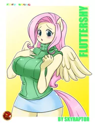 Size: 800x1040 | Tagged: adorasexy, ambiguous facial structure, anthro, artist:skyraptor, big breasts, blushing, breasts, busty fluttershy, clothes, cute, derpibooru import, female, fluttershy, sexy, shepherd0821-ish, skirt, sleeveless turtleneck, solo, solo female, suggestive, sweater, sweatershy