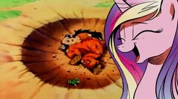 Size: 800x445 | Tagged: cadance laughs at your misery, crater, death, derpibooru import, dragon ball, dragon ball z, exploitable meme, idw, meme, obligatory pony, princess cadance, semi-grimdark, yamcha, yamcha's death pose