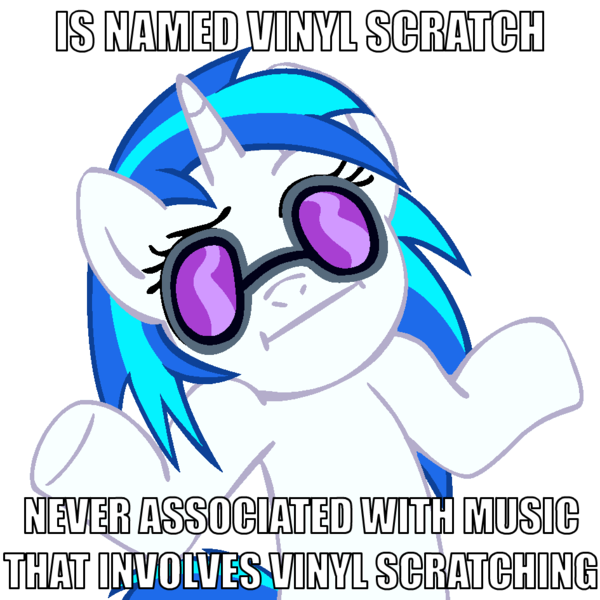 Size: 945x945 | Tagged: derpibooru import, :i, image macro, looking at you, safe, shrug, shrugpony, solo, vinyl scratch