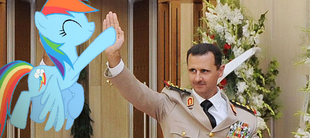 Size: 617x276 | Tagged: bashar al-assad, derpibooru import, high five, irl, photo, ponies in real life, rainbow dash, safe, syria