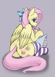Size: 826x1151 | Tagged: artist:allosaurus, artist:longinius, clothed ponies, clothes, colored, dock, edit, female, flutterbutt, fluttershy, pillow, plot, socks, solo, solo female, striped socks, suggestive