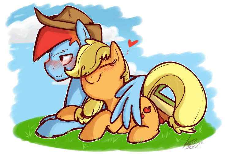 Size: 735x507 | Tagged: safe, artist:nolycs, derpibooru import, applejack, rainbow dash, accessory swap, appleblitz (straight), appledash, blitzabetes, blushing, cuddling, cute, female, grass, half r63 shipping, heart, hug, male, nuzzling, rainbow blitz, rule 63, rule63betes, shipping, snuggling, straight, tsundere, winghug