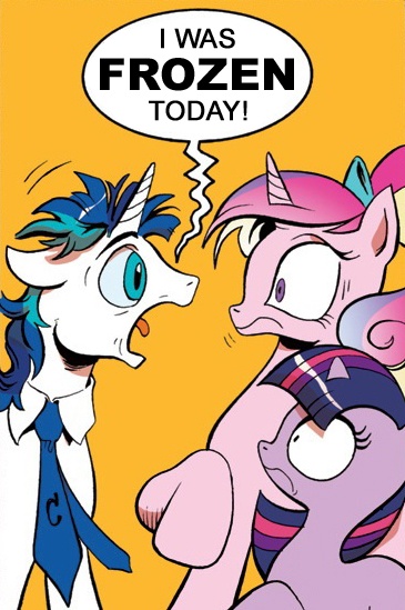 Size: 365x549 | Tagged: safe, derpibooru import, edit, idw, princess cadance, shining armor, twilight sparkle, alicorn, pony, unicorn, spoiler:comic, spoiler:comic11, dishevelled, exploitable meme, female, filly, filly twilight sparkle, i was frozen today, meme, nostalgia critic, screaming armor, suburban commando, teen princess cadance, younger