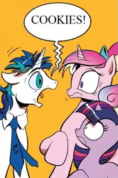 Size: 365x549 | Tagged: safe, derpibooru import, edit, idw, princess cadance, shining armor, twilight sparkle, unicorn, spoiler:comic, spoiler:comic11, cookie, exploitable meme, female, filly, filly twilight sparkle, meme, necktie, screaming armor, speech bubble, teen princess cadance, template, younger