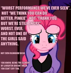 Size: 697x720 | Tagged: clothes, cropped, derpibooru import, dress, edit, edited screencap, image macro, over a barrel, pinkie pie, pink text, sad, safe, saloon dress, saloon pinkie, screencap, solo