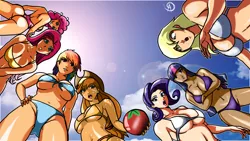 Size: 1600x900 | Tagged: applejack, artist:chillguydraws, ass, beach, belly button, bikini, breasts, busty applejack, busty derpy hooves, busty fluttershy, busty rainbow dash, busty rarity, busty twilight sparkle, cleavage, clothes, derpibooru import, derpy hooves, female, females only, fluttershy, human, humanized, looking at you, low angle, mane six, pinkie pie, pov, rainbow dash, rarity, suggestive, swimsuit, twilight sparkle, underboob, wallpaper, wallpaper for the fearless, wedgie