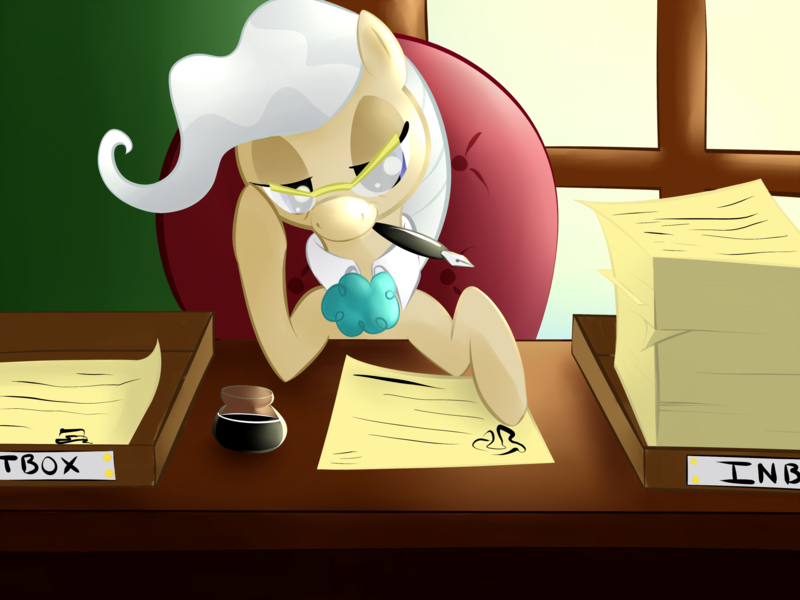 Size: 2000x1500 | Tagged: artist:malwinters, derpibooru import, glasses, mayor mare, paperwork, safe, solo, table, working