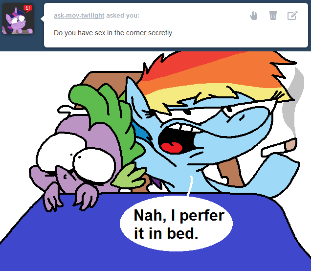 Size: 636x554 | Tagged: suggestive, derpibooru import, rainbow dash, spike, dragon, pony, aftersex, ask, bed, cigarette, female, implied sex, male, mare, rainbowdashsmailbag, rainbowspike, shipping, smoking, straight, tumblr