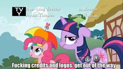 Size: 1366x768 | Tagged: safe, derpibooru import, edit, edited screencap, screencap, pinkie pie, twilight sparkle, frog, unicorn, feeling pinkie keen, credits, fourth wall, hat, hub logo, image macro, logo, opening credits, tv rating, tv-y, umbrella hat, unicorn twilight, vulgar