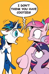 Size: 365x549 | Tagged: safe, derpibooru import, edit, idw, princess cadance, shining armor, twilight sparkle, alicorn, pony, unicorn, spoiler:comic, spoiler:comic11, cooties, exploitable meme, female, filly, filly twilight sparkle, male, meme, screaming armor, teen princess cadance, younger