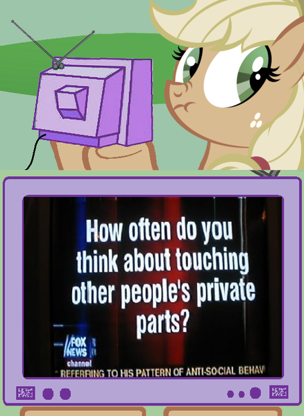 Size: 563x771 | Tagged: suggestive, derpibooru import, applejack, exploitable meme, fox news, genitals, image, liarjack, meme, obligatory pony, png, sex offender, tv meme