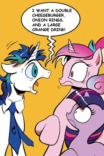 Size: 365x549 | Tagged: safe, derpibooru import, edit, idw, princess cadance, shining armor, twilight sparkle, alicorn, pony, unicorn, spoiler:comic, spoiler:comic11, dishevelled, double cheeseburger, exploitable meme, fast food skit, female, filly, filly twilight sparkle, large orange drink, male, meme, onion rings, ponies eating meat, screaming armor, teen princess cadance, younger