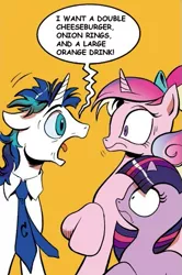 Size: 365x549 | Tagged: safe, derpibooru import, edit, idw, princess cadance, shining armor, twilight sparkle, alicorn, pony, unicorn, spoiler:comic, spoiler:comic11, dishevelled, double cheeseburger, exploitable meme, fast food skit, female, filly, filly twilight sparkle, large orange drink, male, meme, onion rings, ponies eating meat, screaming armor, teen princess cadance, younger