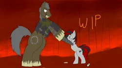 Size: 1366x768 | Tagged: artist:facade, derpibooru import, fallout equestria, fallout equestria: murky number seven, fight, fillydelphia, oc, oc:chainlink shackles, oc:facade, prosthetics, semi-grimdark, totally not blackjack, unofficial characters only, wip