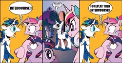 Size: 1064x554 | Tagged: suggestive, derpibooru import, edit, idw, night light, princess cadance, shining armor, twilight sparkle, twilight velvet, alicorn, pony, unicorn, spoiler:comic, spoiler:comic11, american dad, comic, exploitable meme, female, filly, filly twilight sparkle, implied sex, male, meme, quote, screaming armor, teen princess cadance, younger