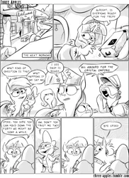 Size: 944x1294 | Tagged: safe, artist:capnpea, derpibooru import, fluttershy, pinkie pie, rainbow dash, spike, twilight sparkle, twilight sparkle (alicorn), alicorn, dragon, earth pony, pegasus, pony, comic:three apples, comic, female, male, mare, monochrome, ponyville train station, stallion, train station