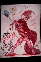 Size: 1280x1920 | Tagged: anthro, artist:sovietnazicat, axe, balloon, blood, derpibooru import, pinkamena diane pie, pinkie pie, popping, semi-grimdark, solo, traditional art, unguligrade anthro, weapon