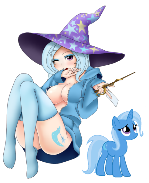Size: 900x1100 | Tagged: artist:magico-enma, ass, breasts, busty trixie, cleavage, clothes, derpibooru import, dress, female, hat, hoodie, human, humanized, light skin, open jacket, sexy, socks, solo, solo female, stockings, suggestive, the great and powerful ass, thigh highs, trixie, trixie's hat, underass, wand