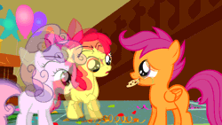 Size: 960x540 | Tagged: animated, apple bloom, artist:superedit, bullying, call of the cutie, cookie, crying, cutie mark crusaders, derpibooru import, edit, edited screencap, fail, laughing, mocking, sad, safe, scootabuse, scootaloo, screencap, sweetie belle, the great and powerful superedit