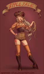 Size: 416x700 | Tagged: applejack, artist:sparrow-chan, banner, boots, derpibooru import, human, humanized, light skin, old banner, rope, safe, solo