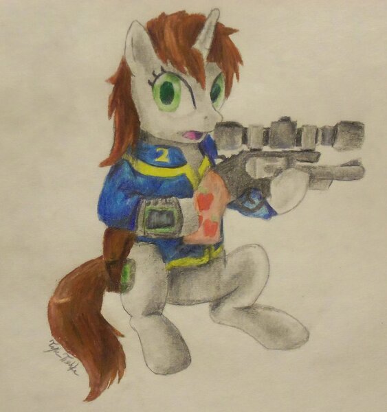 Size: 866x923 | Tagged: safe, artist:teschke, derpibooru import, oc, oc:littlepip, unofficial characters only, pony, unicorn, fallout equestria, fanfic, clothes, cutie mark, fanfic art, female, gun, handgun, hooves, horn, little macintosh, mare, open mouth, optical sight, pipbuck, revolver, simple background, sitting, solo, vault suit, weapon, white background