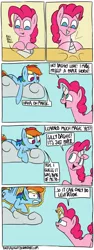 Size: 800x2122 | Tagged: safe, artist:timsplosion, derpibooru import, pinkie pie, rainbow dash, earth pony, pegasus, pony, artificial unicorn, cloud, comic, fake horn, how, magic, no pupils, paper, pinkie being pinkie, tongue out, xk-class end-of-the-world scenario