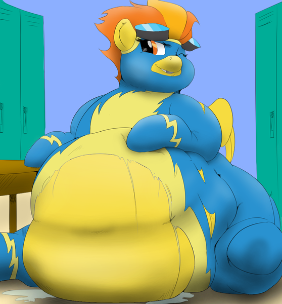 Size: 1000x1075 | Tagged: artist:sirmasterdufel, bedroom eyes, belly, chubby cheeks, clothes, colored, derpibooru import, edit, fat, impossibly large belly, locker room, obese, questionable, solo, spitfatty, spitfire, torn clothes, wardrobe malfunction, wink