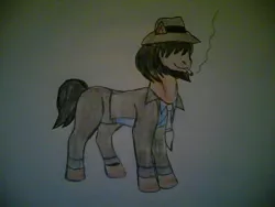 Size: 640x480 | Tagged: artist:grugonk, artist:magnolia667, cigarette, daisuke jigen, derpibooru import, lupin the 3rd, ponified, safe, simple background, solo, traditional art