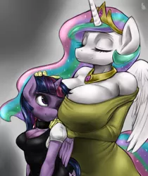 Size: 800x954 | Tagged: anthro, artist:allosaurus, artist:phurie edits, big breasts, boob smothering, breasts, busty princess celestia, busty twilight sparkle, choker, cleavage, clothes, cute, dead source, derpibooru import, dress, edit, female, huge breasts, lesbian, princess celestia, shipping, smothering, suggestive, twilestia, twilight sparkle, twilight sparkle (alicorn)