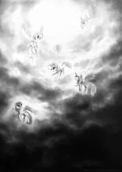 Size: 1500x2110 | Tagged: safe, artist:murphylaw4me, derpibooru import, derpy hooves, fluttershy, pinkie pie, rainbow dash, twilight sparkle, twilight sparkle (alicorn), alicorn, pony, balloon, cloud, cloudy, dark, female, flying, low angle, mare, monochrome, sky, traditional art, vertigo