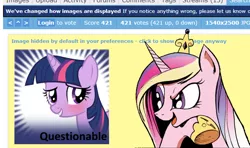 Size: 660x390 | Tagged: safe, derpibooru import, princess cadance, twilight sparkle, alicorn, pony, unicorn, derpibooru, spoiler:comic, blushing, deeply intrigued cadance, female, looking at each other, mare, meme, meta, smiling