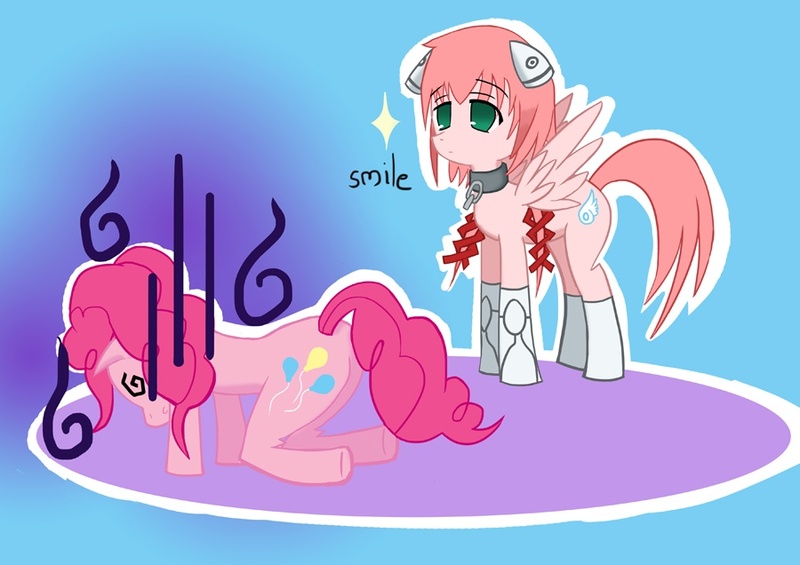 Size: 900x636 | Tagged: artist:roshichen, derpibooru import, despair, ikaros, incorrect leg anatomy, pinkie pie, ponified, safe, sora no otoshimono