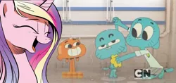 Size: 1055x500 | Tagged: cadance laughs at your misery, clothed female nude male, clothes, darwin watterson, derpibooru import, exploitable meme, gumball watterson, meme, nicole watterson, obligatory pony, princess cadance, safe, the amazing world of gumball