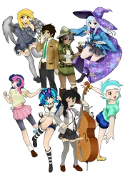 Size: 2100x3000 | Tagged: artist:magico-enma, background pony, background six, bon bon, cello, clothes, daring do, derpibooru import, derpy hooves, doctor whooves, high res, human, humanized, light skin, lyra heartstrings, moderate dark skin, musical instrument, octavia melody, safe, simple background, sonic screwdriver, sweetie drops, time turner, transparent background, trixie, vinyl scratch, winged humanization, wings