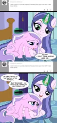 Size: 1031x2199 | Tagged: safe, artist:scappo, derpibooru import, diamond tiara, oc, earth pony, pony, unicorn, brush, brushing, cute, daughter, diamondbetes, harsher in hindsight, lonely, mother, mother and daughter, sad