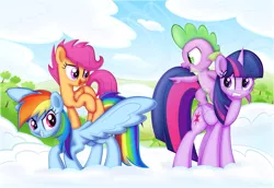 Size: 1207x830 | Tagged: safe, artist:ctb-36, derpibooru import, rainbow dash, scootaloo, spike, twilight sparkle, twilight sparkle (alicorn), alicorn, pony, cloud, cloudy, female, mare, nervous, ponies riding ponies, race, riding