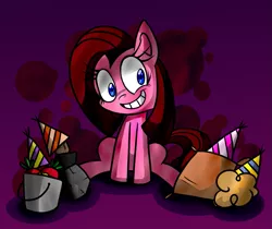 Size: 789x662 | Tagged: artist:vdru7, derpibooru import, madame le flour, mr. turnip, party of one, pinkamena diane pie, pinkie pie, pixiv, rocky, safe, sir lintsalot, sitting, solo