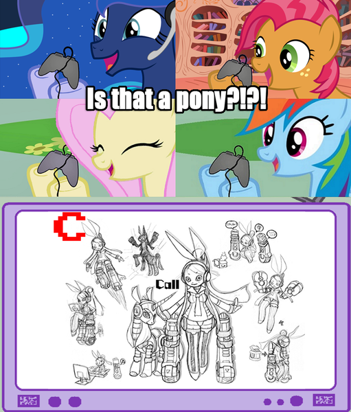 Size: 782x918 | Tagged: safe, derpibooru import, babs seed, fluttershy, princess luna, rainbow dash, alicorn, centaur, earth pony, pegasus, pony, robot, gamer luna, call, concept art, controller, exploitable meme, eyes closed, gamer babs, gamerdash, gamershy, meme, mighty no.9, monochrome, open mouth, possibly pony related, sketch, smiling, tv meme