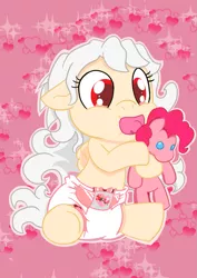 Size: 883x1248 | Tagged: safe, artist:artiecanvas, derpibooru import, pinkie pie, oc, oc:myrnn, pony, baby, baby pony, cutie mark diapers, diaper, foal, pacifier, plushie, poofy diaper