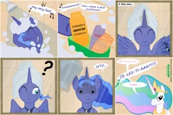 Size: 3000x2001 | Tagged: artist:axemgr, comic, conditioner, derpibooru import, princess celestia, princess luna, s1 luna, safe, shampoo, shower