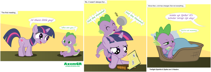 Size: 5229x1800 | Tagged: artist:axemgr, baby dragon, book, comic, derpibooru import, dinosaurs (tv show), filly, how to train your dragon, not the mama, not the momma, not the momma!, origins, pan, parody, reading, reference, safe, spike, twilight sparkle, younger