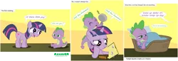 Size: 5229x1800 | Tagged: artist:axemgr, baby dragon, book, comic, derpibooru import, dinosaurs (tv show), filly, how to train your dragon, not the mama, not the momma, not the momma!, origins, pan, parody, reading, reference, safe, spike, twilight sparkle, younger