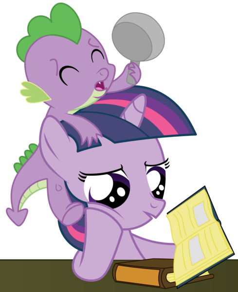 Size: 2914x3579 | Tagged: safe, artist:axemgr, derpibooru import, spike, twilight sparkle, dragon, pony, unicorn, baby, baby dragon, baby spike, book, dinosaurs (tv show), dragons riding ponies, filly, filly twilight sparkle, frying pan, mama twilight, not the mama, not the momma, pan, reference, riding, riding a pony, simple background, transparent background, twilight is not amused, unamused, unicorn twilight, vector, younger