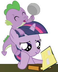 Size: 2914x3579 | Tagged: safe, artist:axemgr, derpibooru import, spike, twilight sparkle, dragon, pony, unicorn, baby, baby dragon, baby spike, book, dinosaurs (tv show), dragons riding ponies, filly, filly twilight sparkle, frying pan, mama twilight, not the mama, not the momma, pan, reference, riding, riding a pony, simple background, transparent background, twilight is not amused, unamused, unicorn twilight, vector, younger