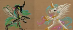 Size: 1567x644 | Tagged: artist:getchanoodlewet, derpibooru import, princess celestia, queen chrysalis, safe, traditional art