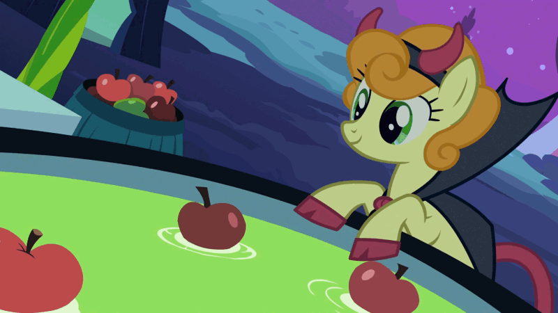 Size: 853x480 | Tagged: safe, derpibooru import, screencap, carrot top, derpy hooves, golden harvest, pegasus, pony, luna eclipsed, animated, apple, apple bobbing, clothes, costume, devil costume, drain plug, female, food, mare, mouth hold, nightmare night costume, paper bag, paper bag wizard