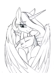 Size: 746x1009 | Tagged: alicorn, artist:longinius, derpibooru import, grayscale, hug, momlestia, monochrome, princess celestia, safe, sketch, twilight sparkle, winghug