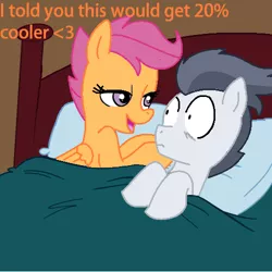 Size: 499x500 | Tagged: safe, artist:jcking101, artist:madmax, derpibooru import, edit, rumble, scootaloo, pony, aftersex ponies, female, implied sex, male, morning after, older, pillow, recolor, rumbloo, shipping, straight, surprised, text, wide eyes