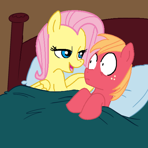 Size: 499x499 | Tagged: safe, artist:jcking101, artist:madmax, derpibooru import, edit, big macintosh, fluttershy, earth pony, pony, aftersex ponies, bed, fluttermac, implied sex, male, morning after, pillow, recolor, shipping, stallion, straight, surprised, wide eyes